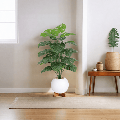 Monstera Leaf Tree with Round Plastic Stand Consists of 24 Branches Available Colors: White - Al Rugaib Furniture