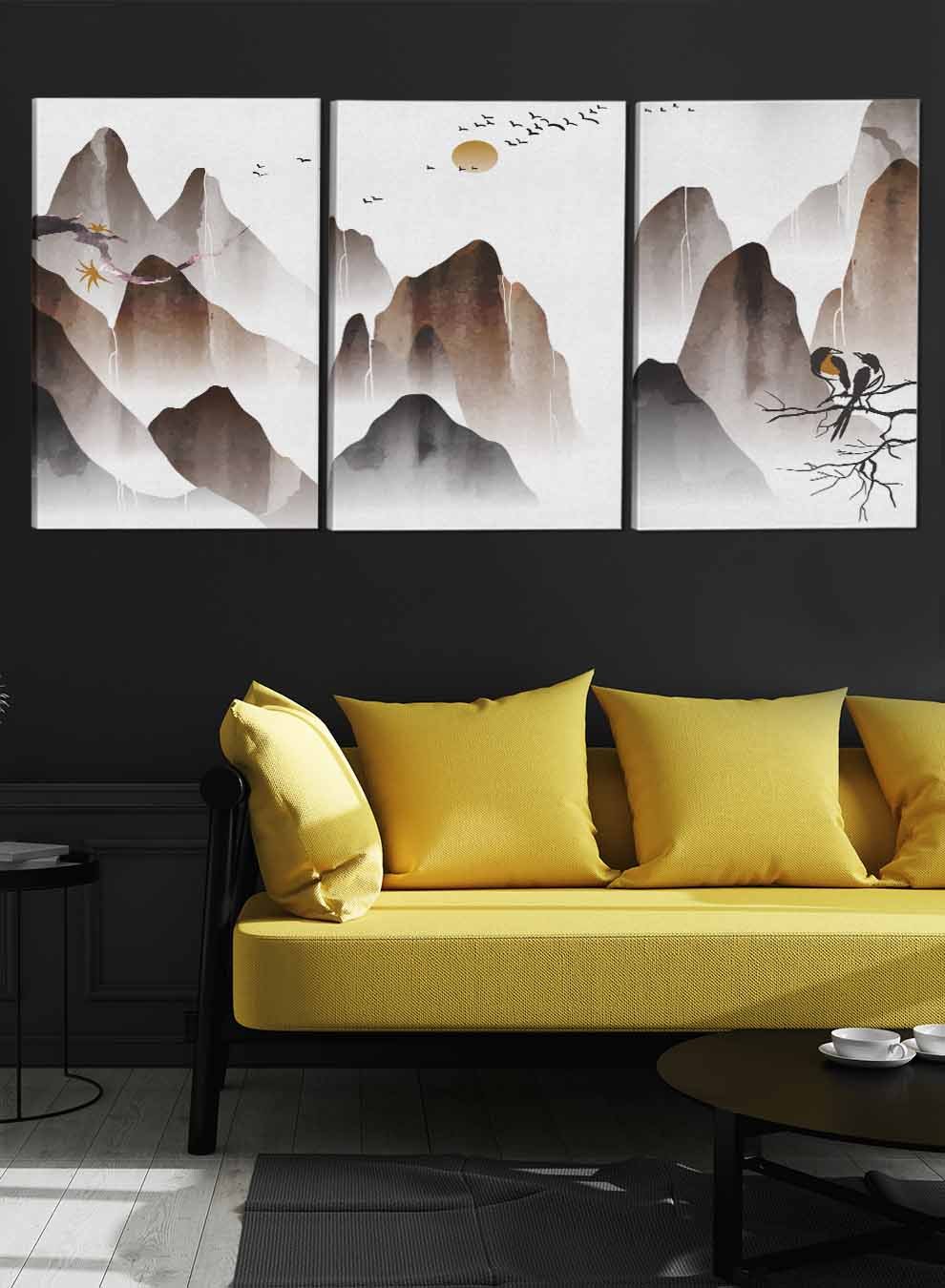 Mountains Birds And The Moon Abstract Paintings(set of 3) Paintings & Pictures| LOWHA
