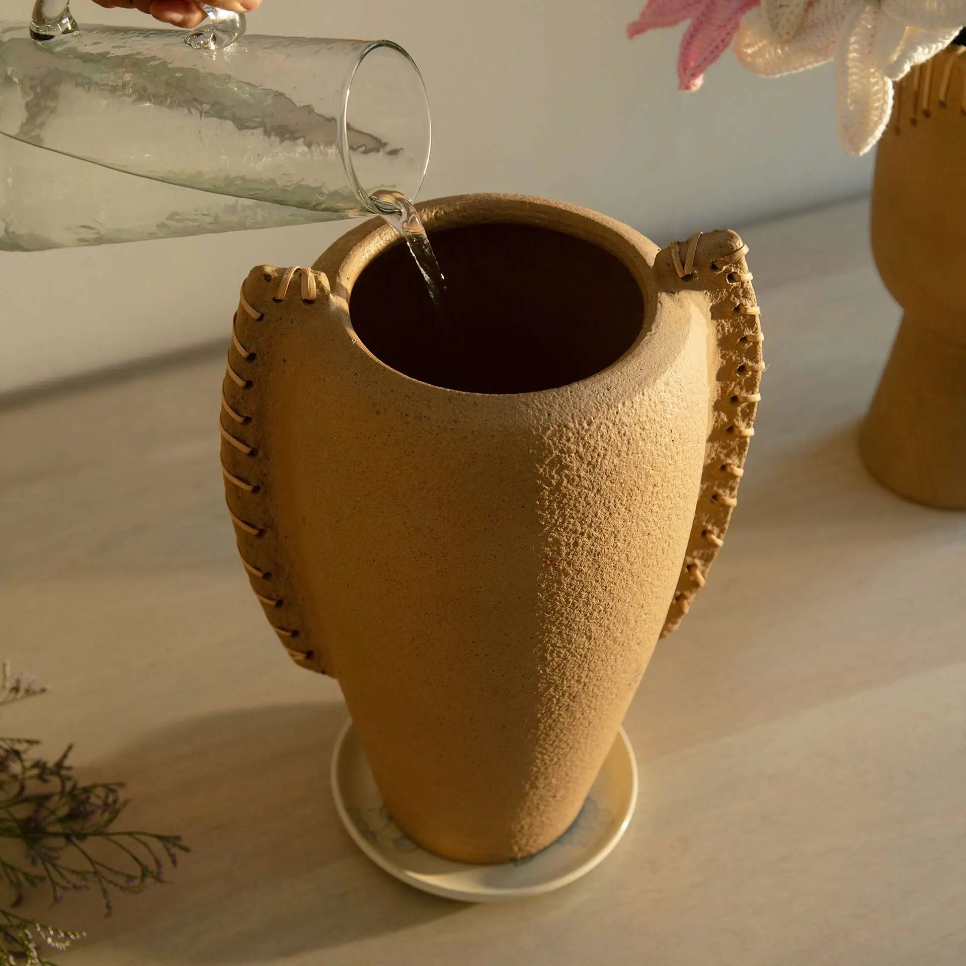 Niraan Terracotta Vase with Cane Wrapped Handles Vases and Jars| Roots Furniture