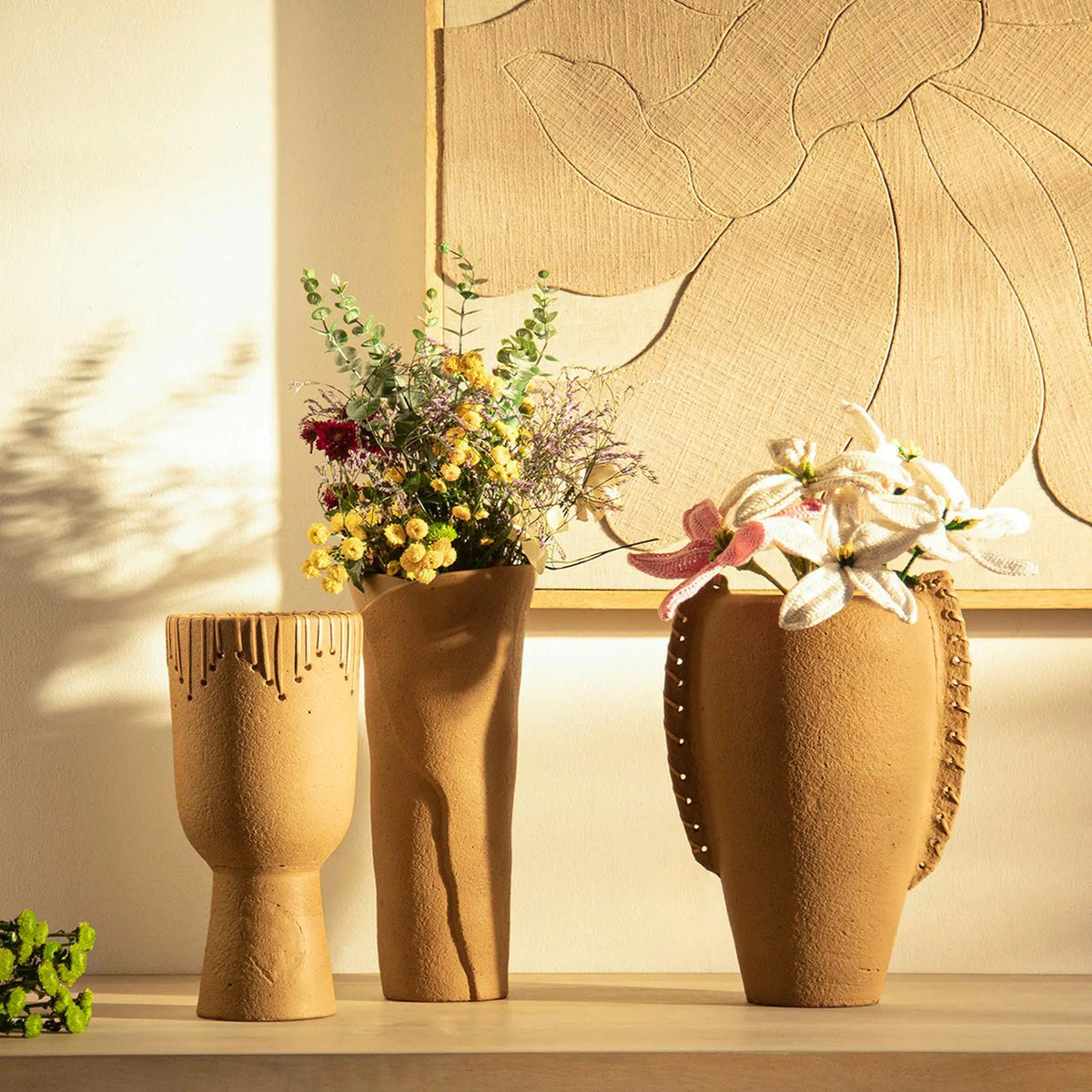 Niraan Terracotta Vase with Cane Wrapped Handles Vases and Jars| Roots Furniture