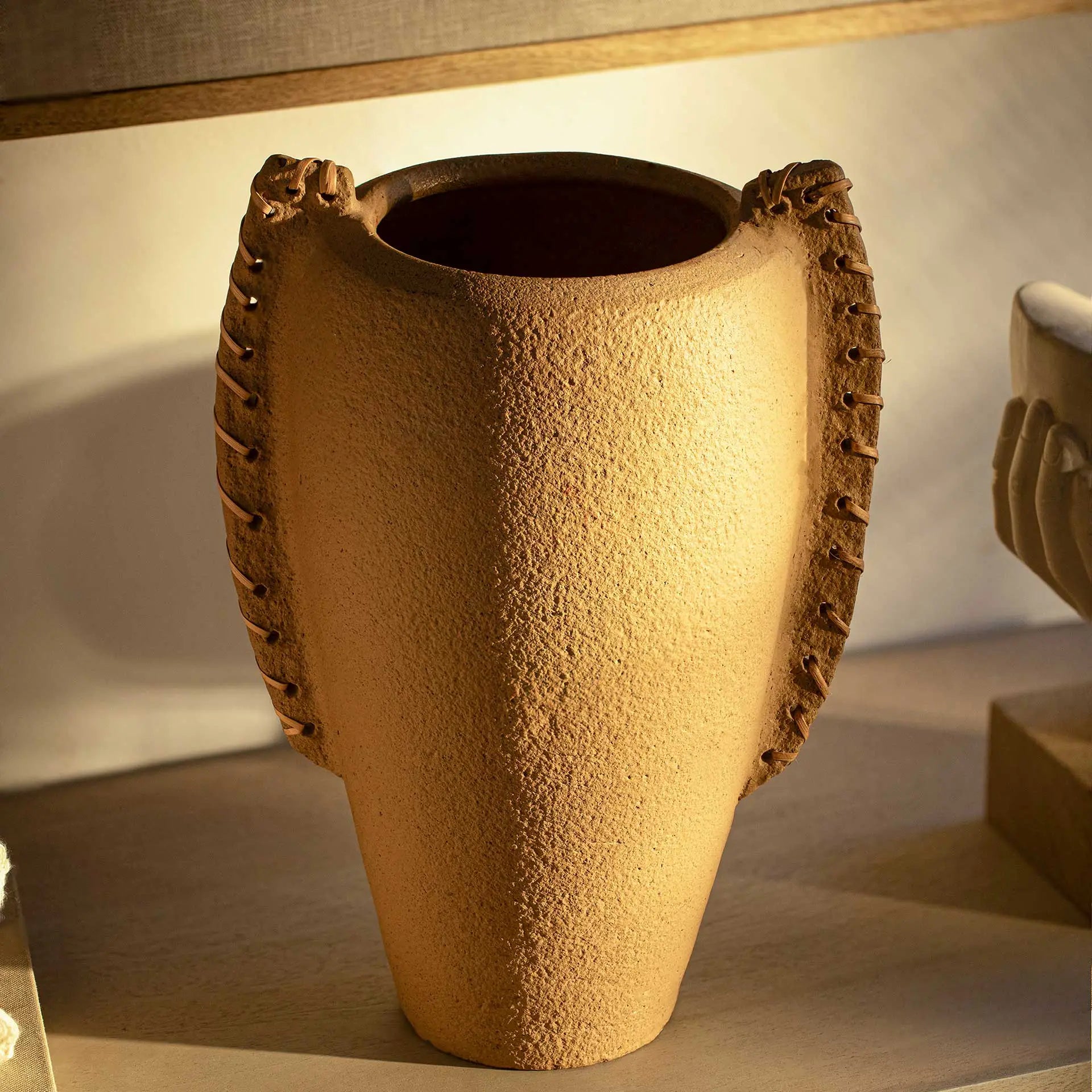 Niraan Terracotta Vase with Cane Wrapped Handles Vases and Jars| Roots Furniture
