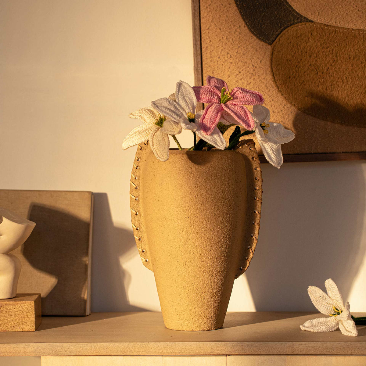 Niraan Terracotta Vase with Cane Wrapped Handles Vases and Jars| Roots Furniture