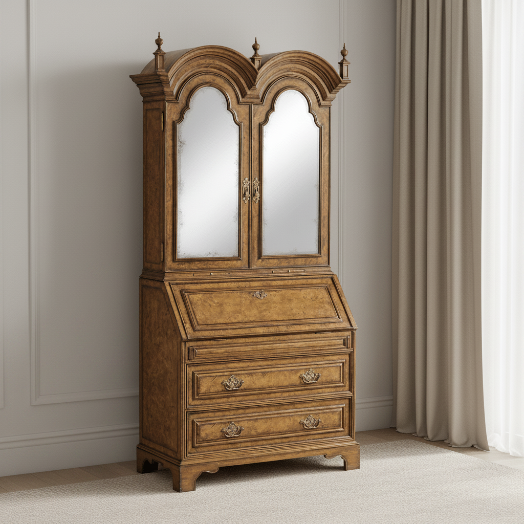 Nottinghamshire Collection - Queen Anne pollard veneer bureau cabinet with mirrored doors Cabinets & Chests| Jonathan Charles