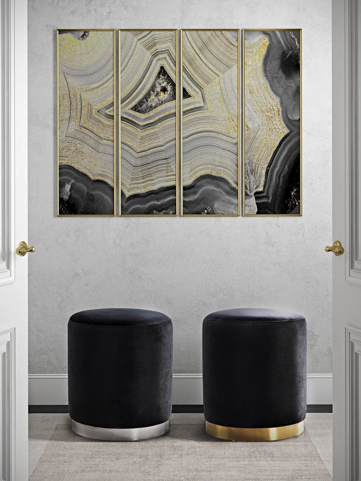 Opal Black Velvet Ottoman -Gold Base Ottomans| TOV