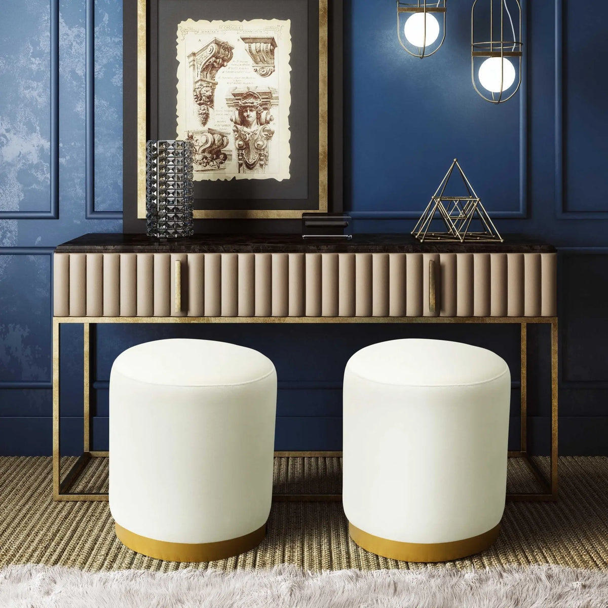 Opal Cream Velvet Ottoman with Gold Base Ottomans| TOV