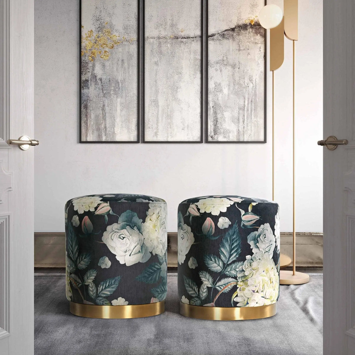 Opal Floral Velvet Ottoman with Gold Base Ottomans| TOV