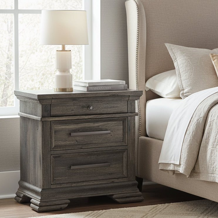 Park Ridge 3-Drawer Nightstand in Charcoal Nightstands| Roots Furniture