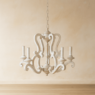 POLYRESIN 5 LIGHT WOOD LOOK CHANDELIER BEIGE - Al Rugaib Furniture