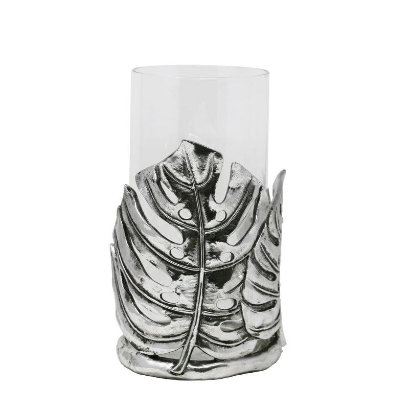Polyresin Leaf Candle Holder With Glass, Silver - Al Rugaib Furniture