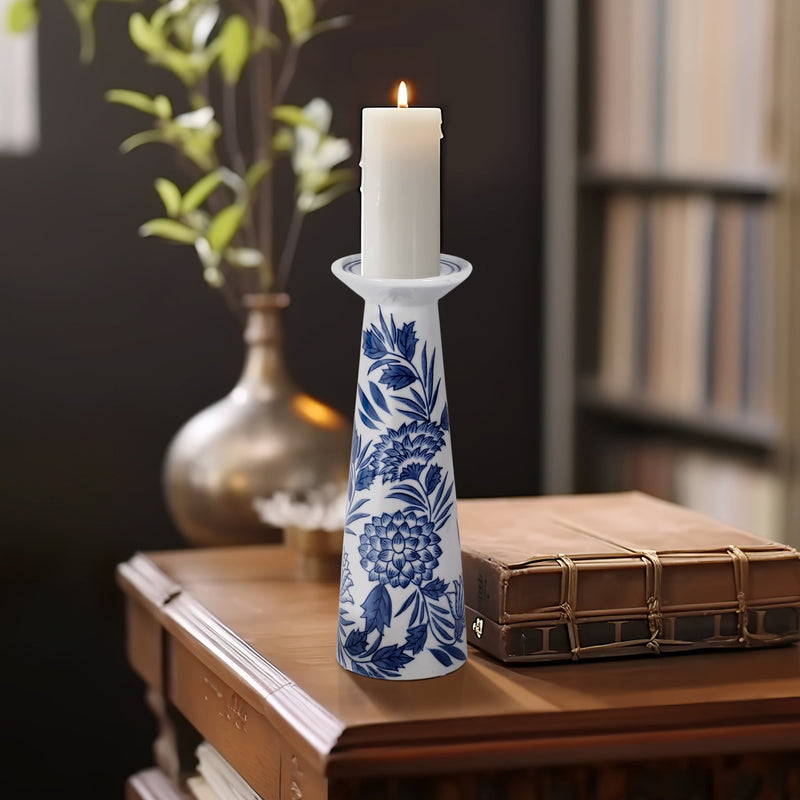 PORC,12"H CHINOISERIE CANDLE HOLDER,BLUE/WHT - Al Rugaib Furniture