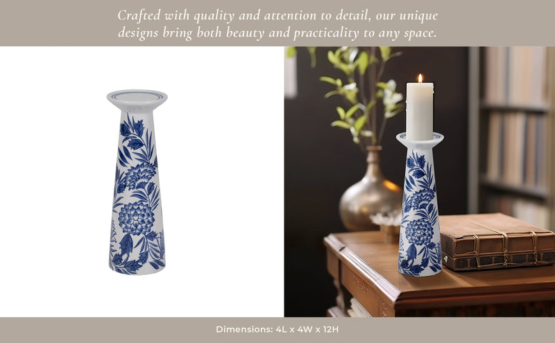 PORC,12"H CHINOISERIE CANDLE HOLDER,BLUE/WHT - Al Rugaib Furniture