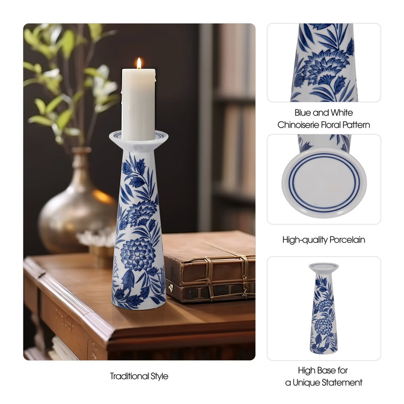 PORC,12"H CHINOISERIE CANDLE HOLDER,BLUE/WHT - Al Rugaib Furniture