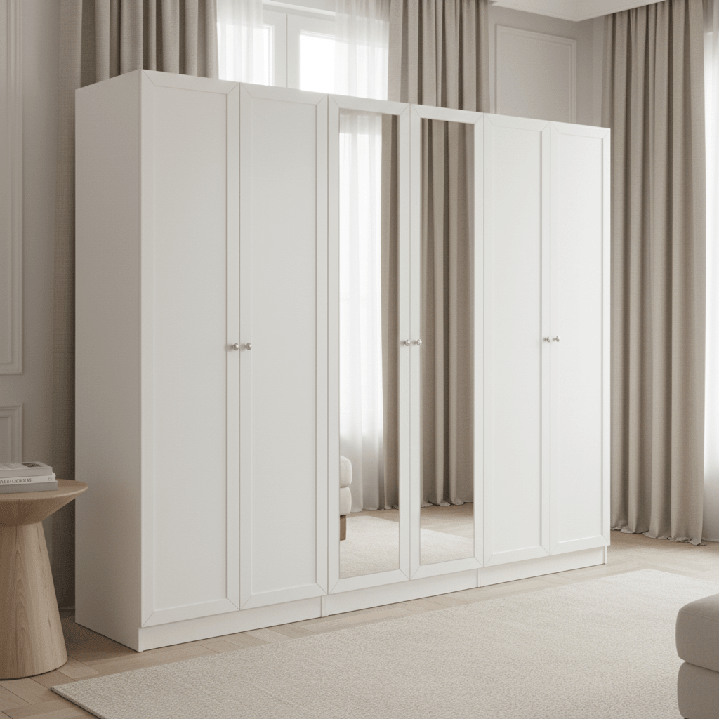 Provence White Wood Wardobe with 4 Panel Doors & 2 Mirror Doors Wardrobes| Roots Furniture