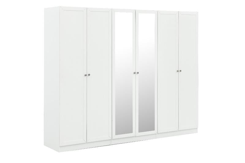 Provence White Wood Wardobe with 4 Panel Doors & 2 Mirror Doors Wardrobes| Roots Furniture
