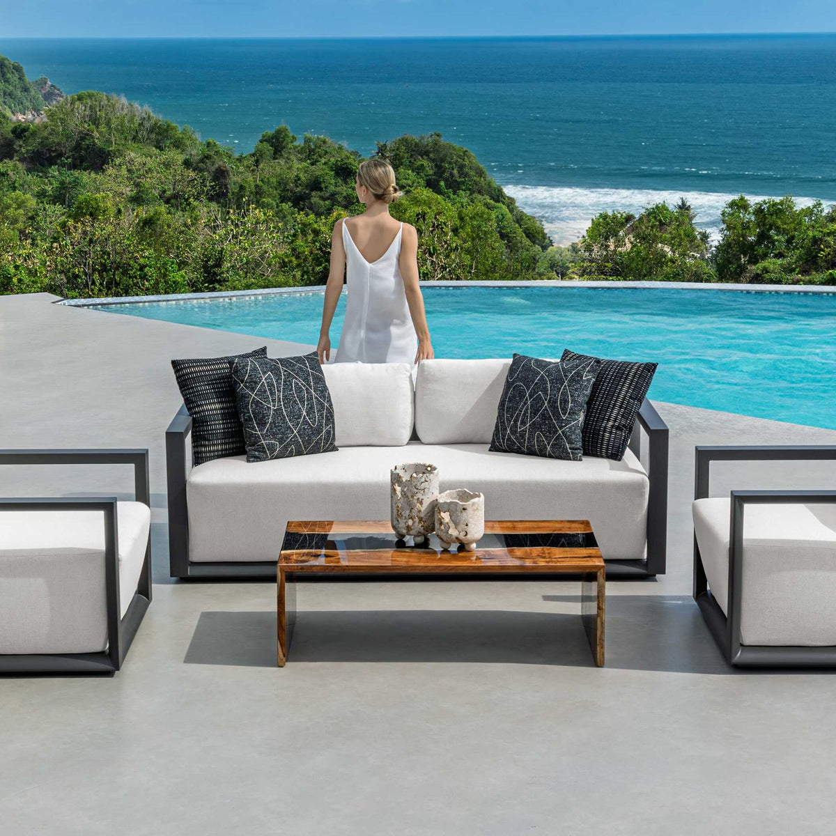 Remsen Outdoor Black/Oyster Sofa Outdoor Loveseats & Sofas| Uttermost