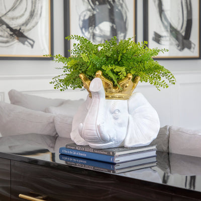 RESIN 16" ELEPHANT W/ CROWN, WHITE - Al Rugaib Furniture