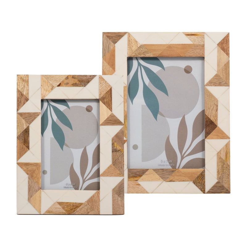 RESIN, 4X6 WOOD & WHITE GEOMETRIC PHOTO FRAME, WHI - Al Rugaib Furniture