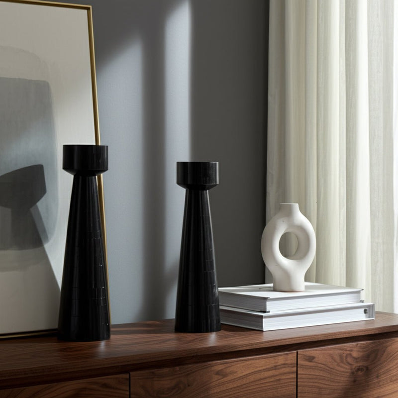 RESIN, PILLAR CANDLEHOLDER, BLACK - Al Rugaib Furniture