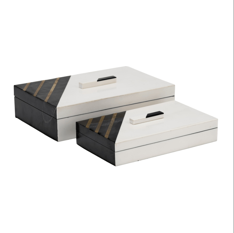 RESIN, S/2 10/12" BOXES W/ KNOB, BLACK/GOLD - Al Rugaib Furniture