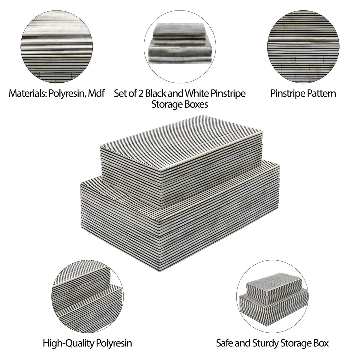 RESIN S/2 PINSTRIPE BOXES, BLACK/WHITE Box| Sagebrook Home