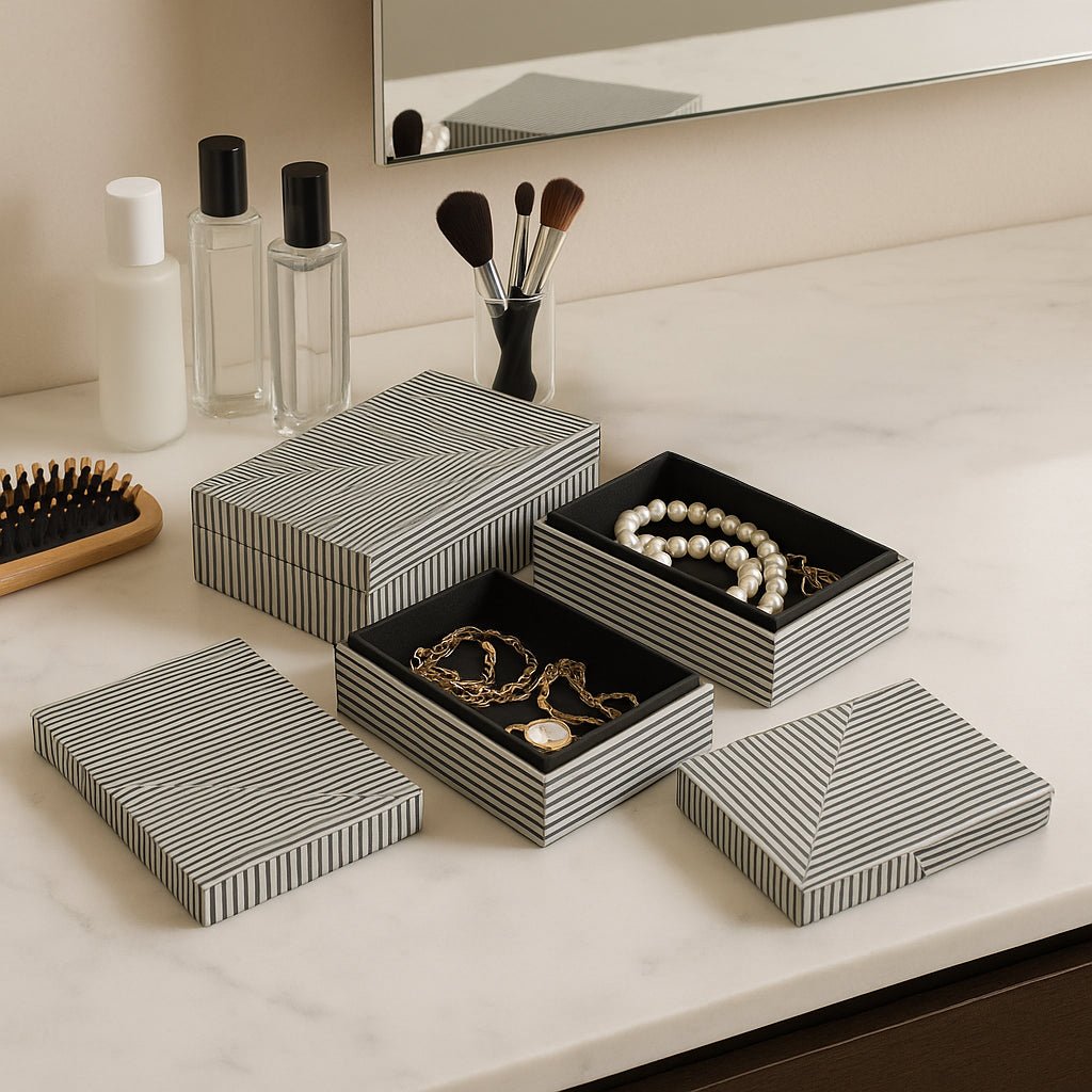 Resin S/3 10/11/12" Pinstripe Boxes, Black/white Box| Sagebrook Home