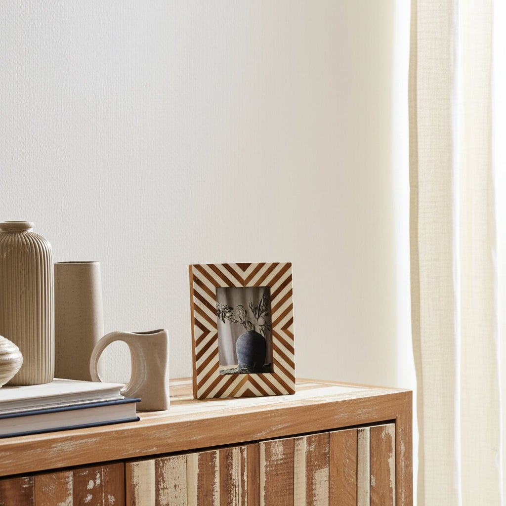 Resin,4X6 Herringbone Lines Phto Frame,White/Wood Table Decors| Sagebrook Home