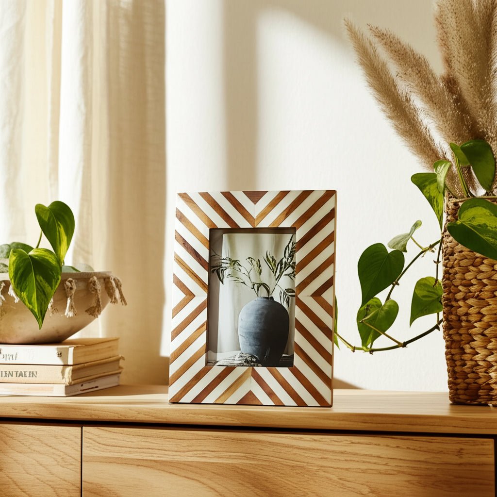 Resin,4X6 Herringbone Lines Phto Frame,White/Wood Table Decors| Sagebrook Home