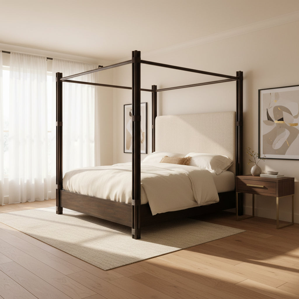 Retreat Pole Rattan Cal King Upholstered Poster Bed withCanopy Beds| Hooker