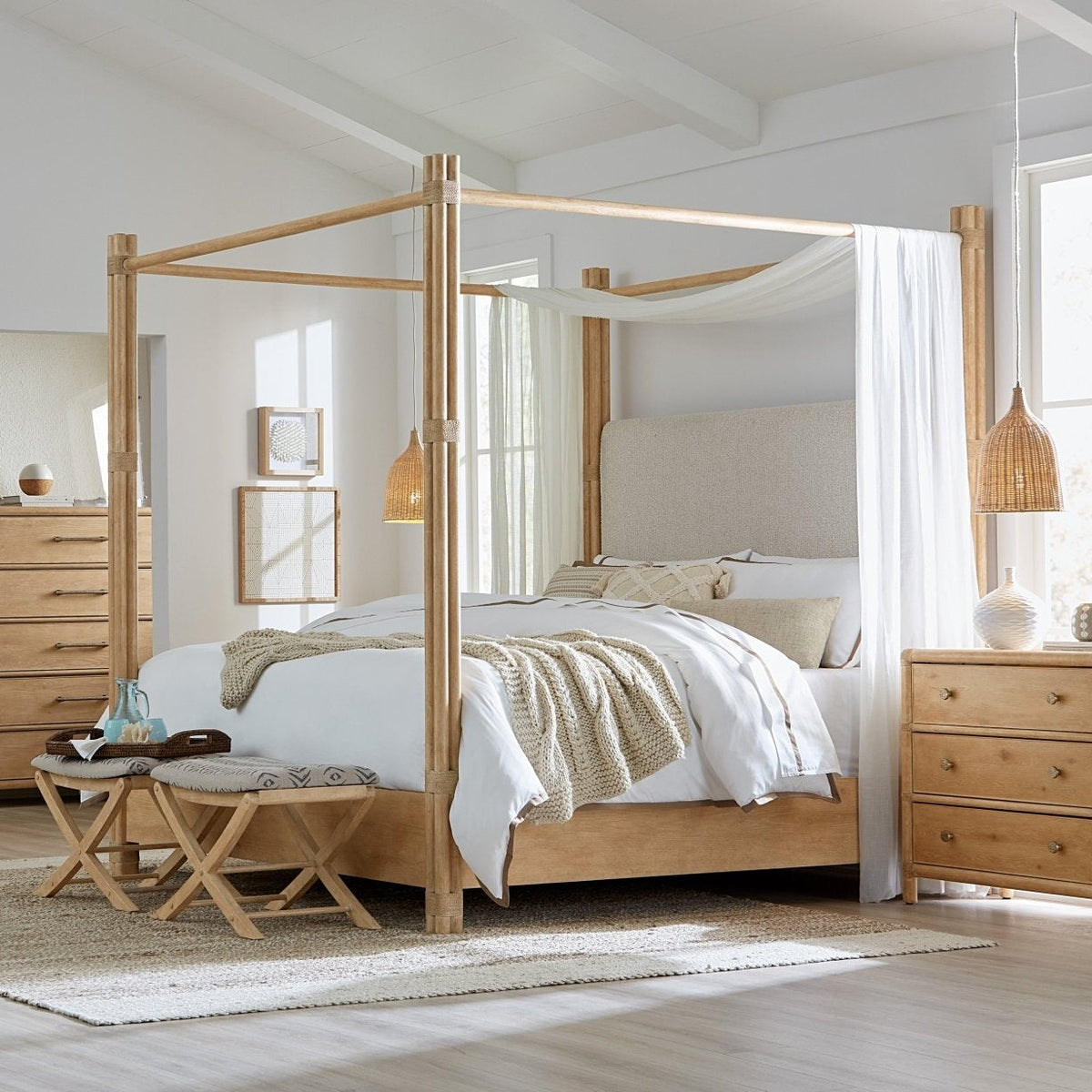Retreat Pole Rattan Cal King Upholstered Poster Bed withCanopy Beds| Hooker