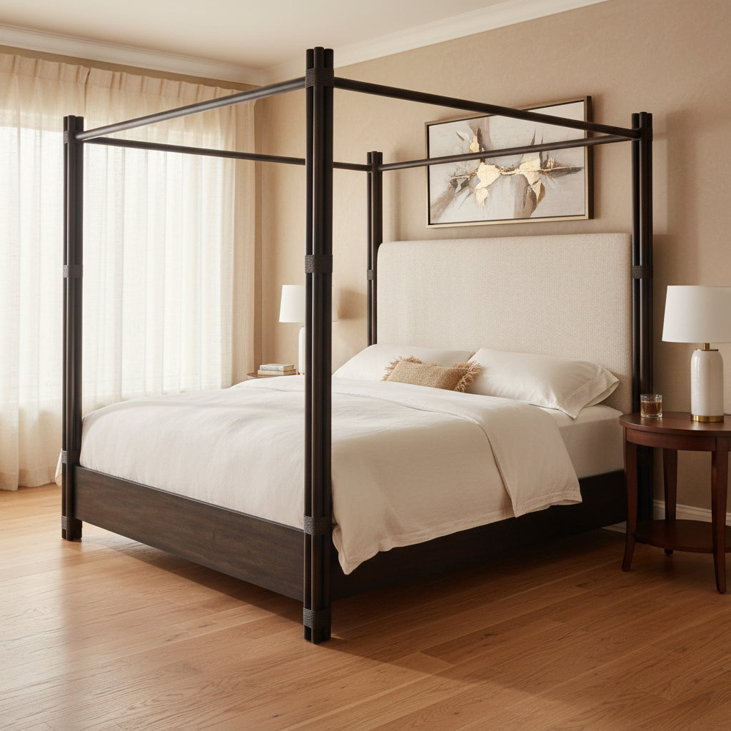 Retreat Pole Rattan King Upholstered Poster Bed withCanopy Beds| Hooker
