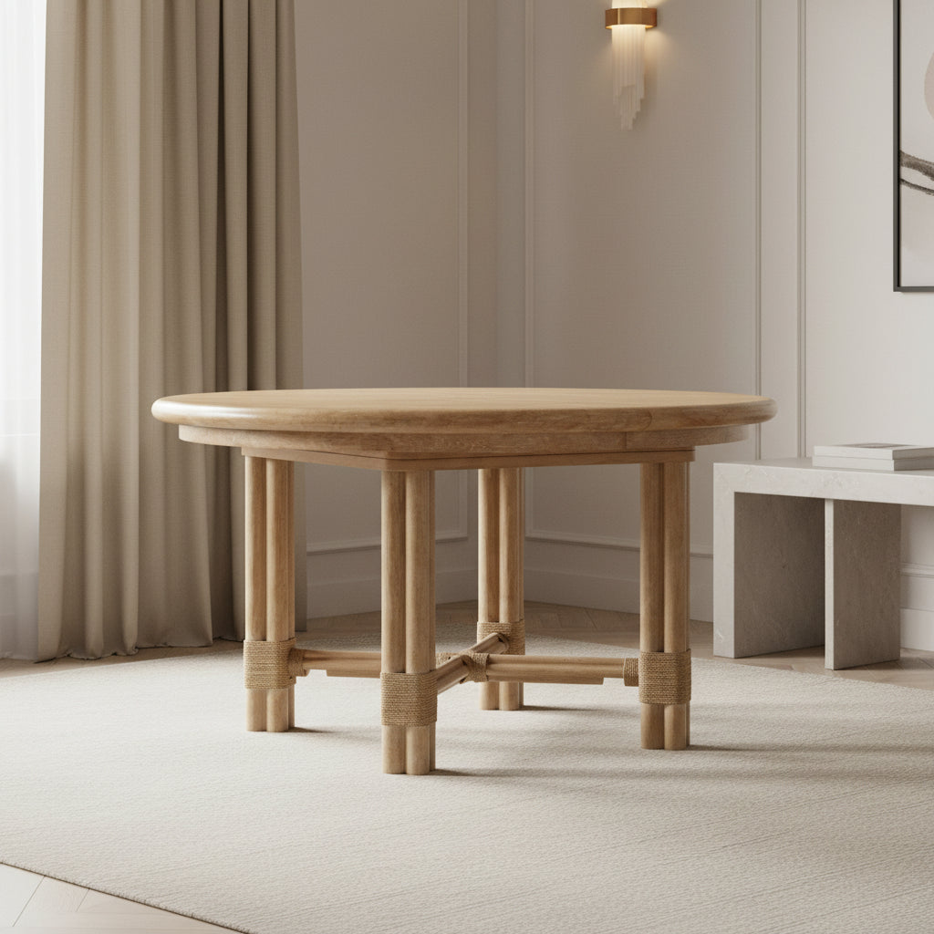 Retreat Pole Rattan Round Dining Table with 1-20in Leaf Dining Tables| Hooker