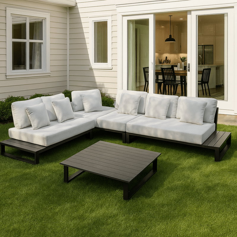 Riviera Modern Outdoor Lounge Set – White with Wooden Table Corner set| Otath