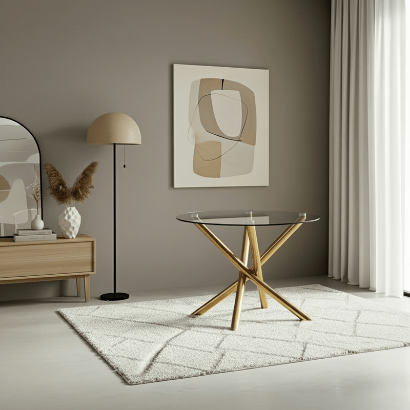 Riviera Round Gold Glass Dining Set – Table + 4 Chairs – A touch of luxury and shine at the heart of your home Dining Set| Otath