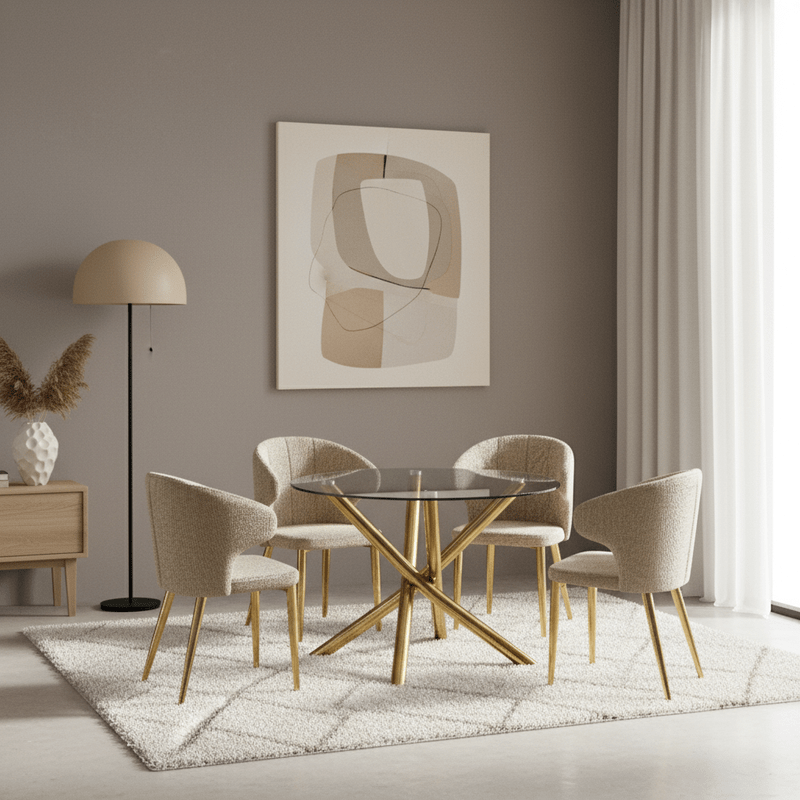 Riviera Round Gold Glass Dining Set – Table + 4 Chairs – A touch of luxury and shine at the heart of your home Dining Set| Otath