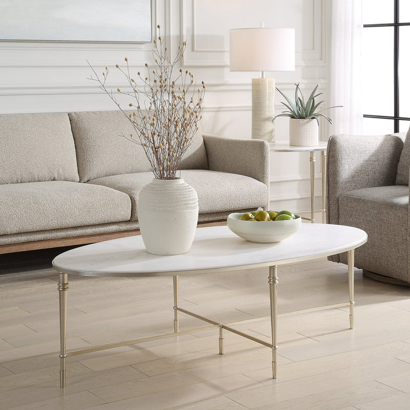 ROSHN 140 W x 43 H x 71 D Oval Coffee Table - Natural Marble Top - Al Rugaib Furniture