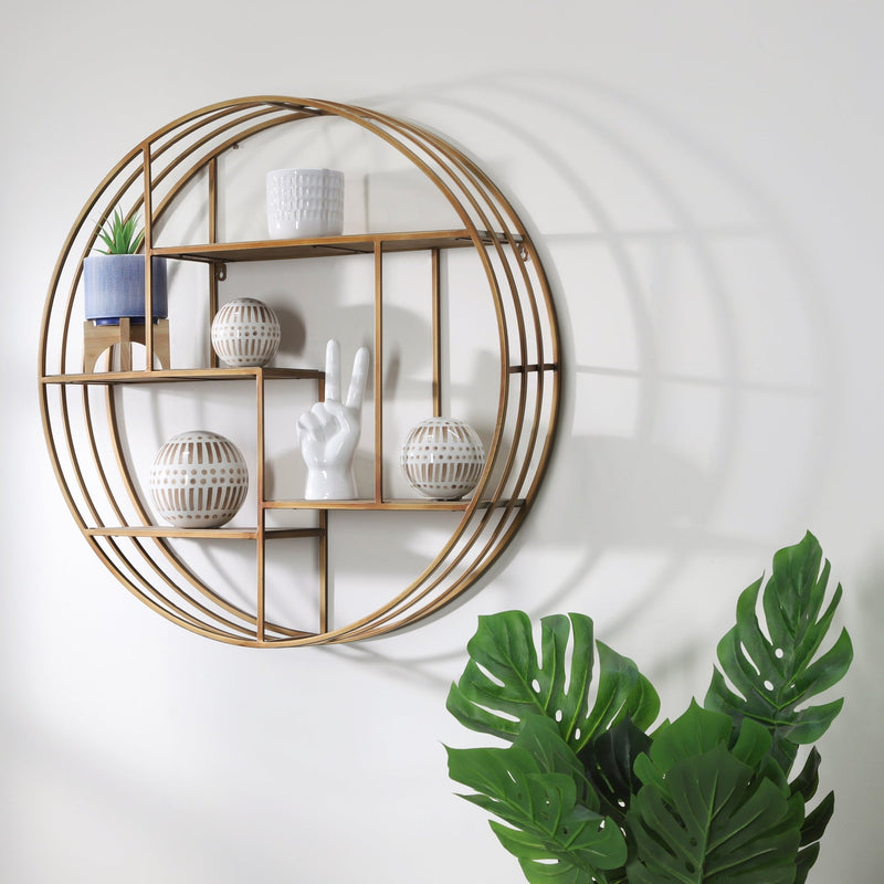 ROUND 31.5" WOOD / METAL WALLSHELF, BRONZE - Al Rugaib Furniture