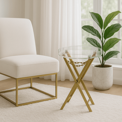 Round Acrylic Service Table with Gold Iron Base - Al Rugaib Furniture