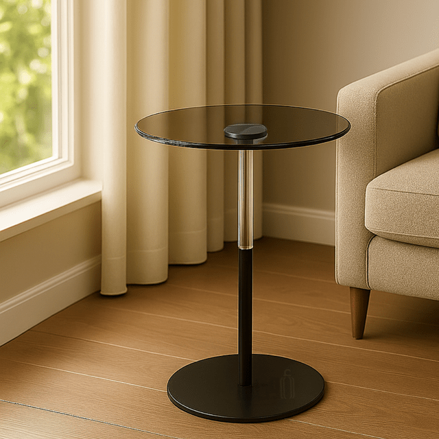 Round Glass Service Table with Black Metal Base End Table| Otath