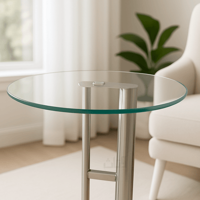 Round Side Table with Clear Glass Top and Silver Stainless Steel Base – Modern Design - Al Rugaib Furniture