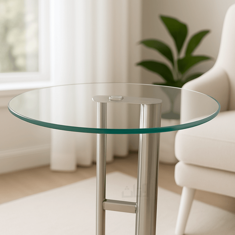 Round Side Table with Clear Glass Top and Silver Stainless Steel Base – Modern Design - Al Rugaib Furniture