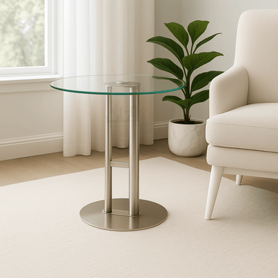 Round Side Table with Clear Glass Top and Silver Stainless Steel Base – Modern Design - Al Rugaib Furniture