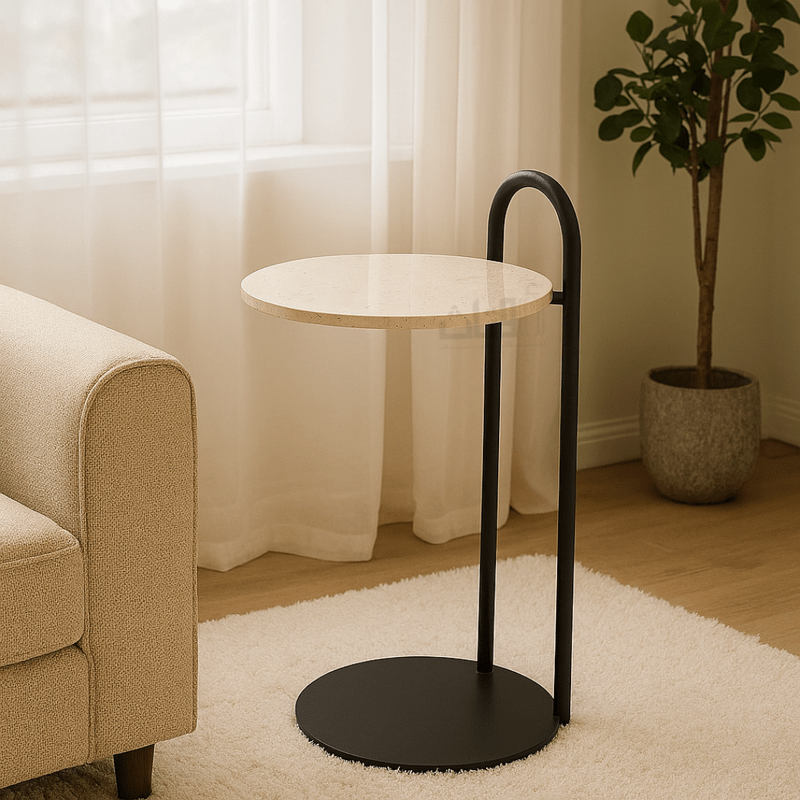 Round Side Table with Travertine Top End Table| Otath