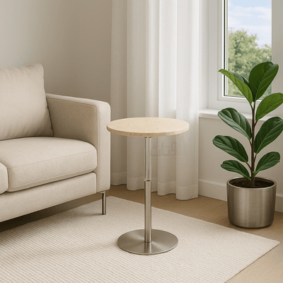 Round Side Table with Travertine Top and Sleek Silver Steel Base - Al Rugaib Furniture