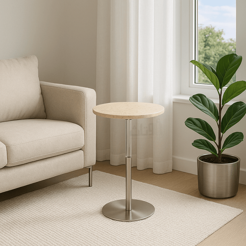 Round Side Table with Travertine Top and Sleek Silver Steel Base - Al Rugaib Furniture