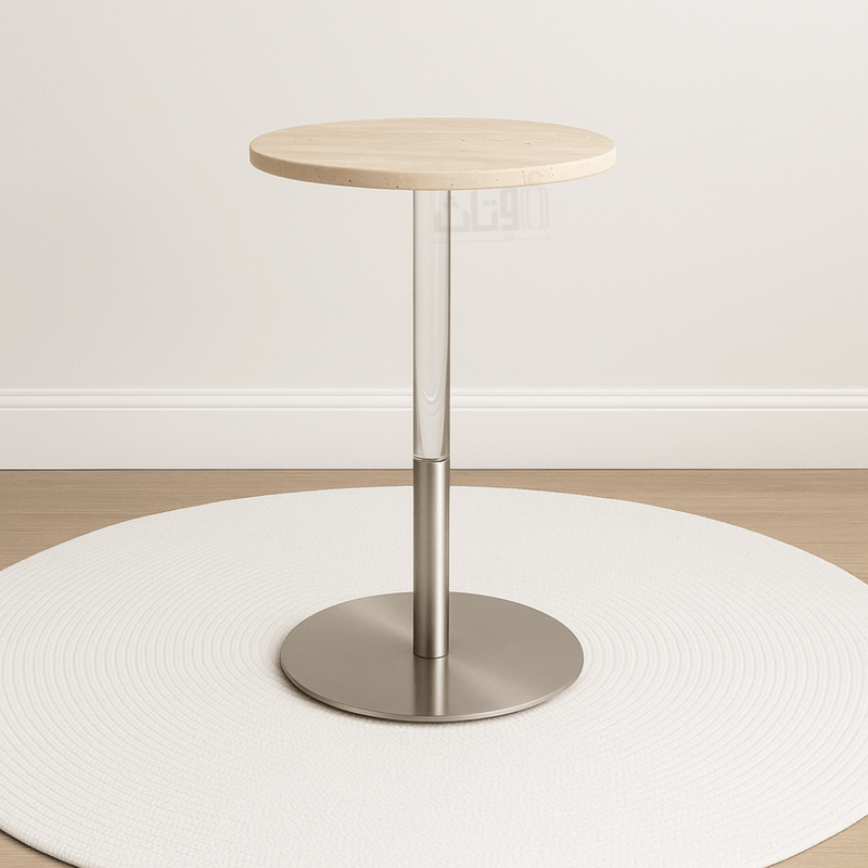 Round Side Table with Travertine Top and Sleek Silver Steel Base - Al Rugaib Furniture
