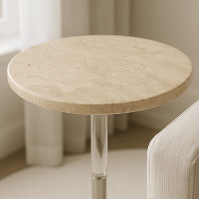Round Side Table with Travertine Top and Sleek Silver Steel Base - Al Rugaib Furniture