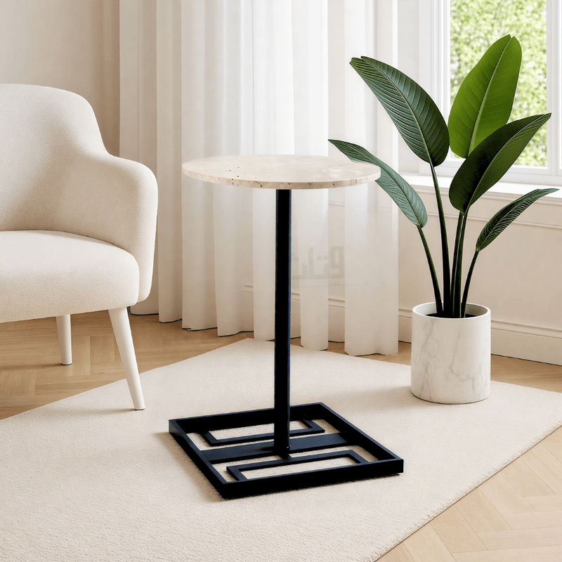 Round Side Table with Travertine Top-BLACK End Table| Otath
