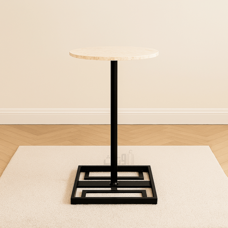 Round Side Table with Travertine Top-BLACK End Table| Otath