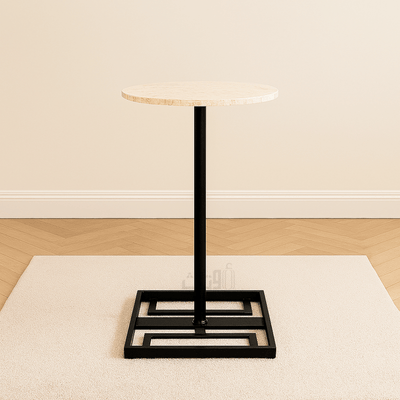 Round Side Table with Travertine Top - BLACK - Al Rugaib Furniture