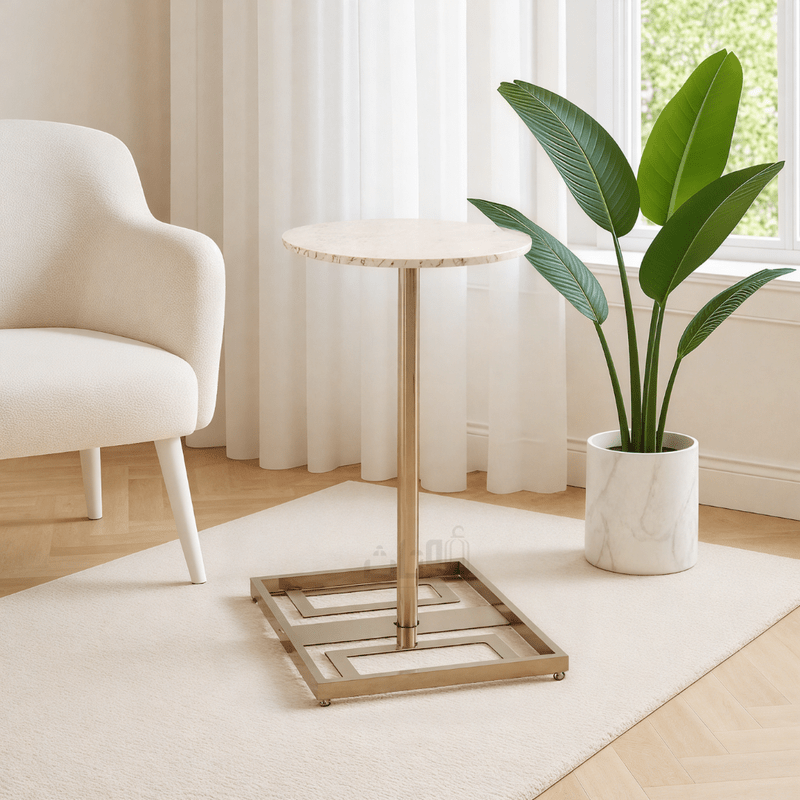 Round Side Table with Travertine Top-Gold End Table| Otath